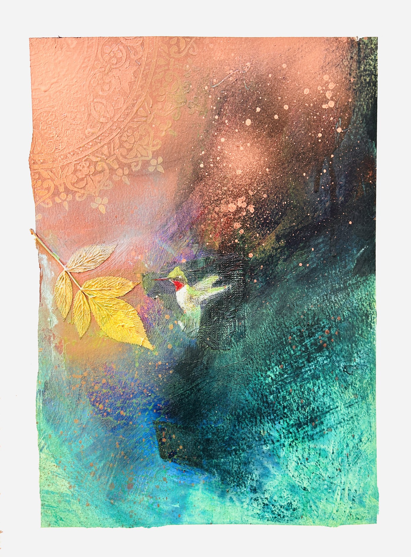 First Flight — Смесена техника върху хартия — позлатени листа и метален пигмент, 30×40 см