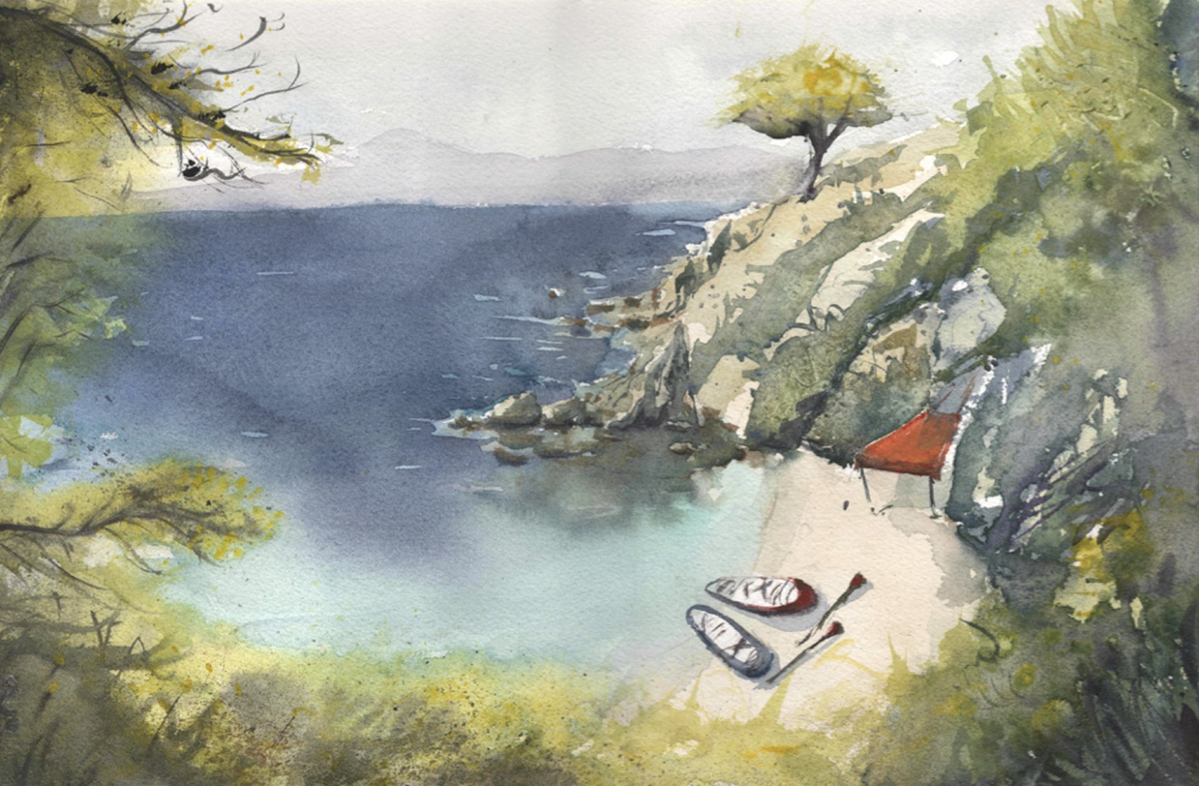 Hidden Beach — Акварел върху хартия, 38×28 см