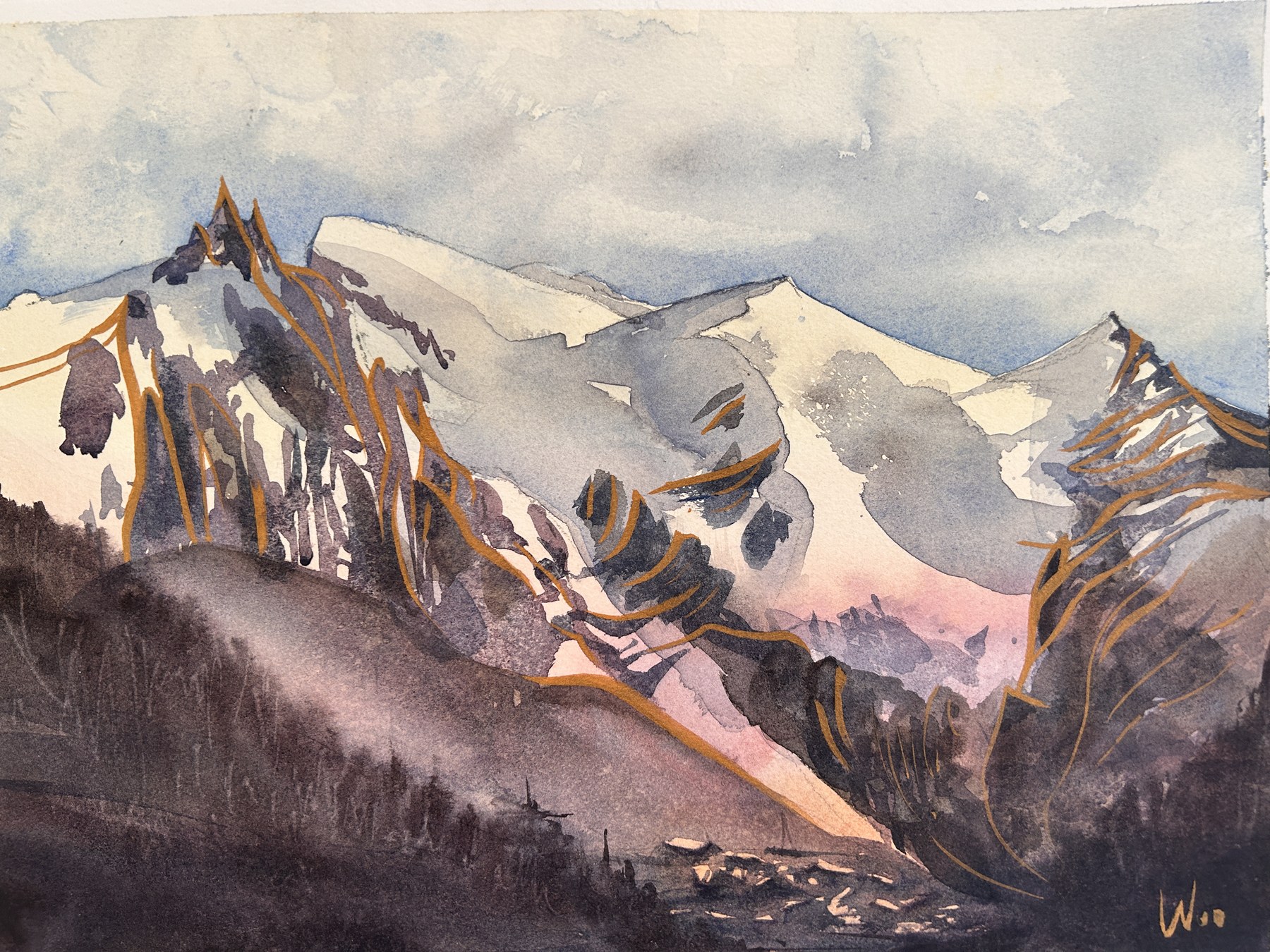 Mont Blanc — Акварел и златен туш върху хартия, 40×30 см