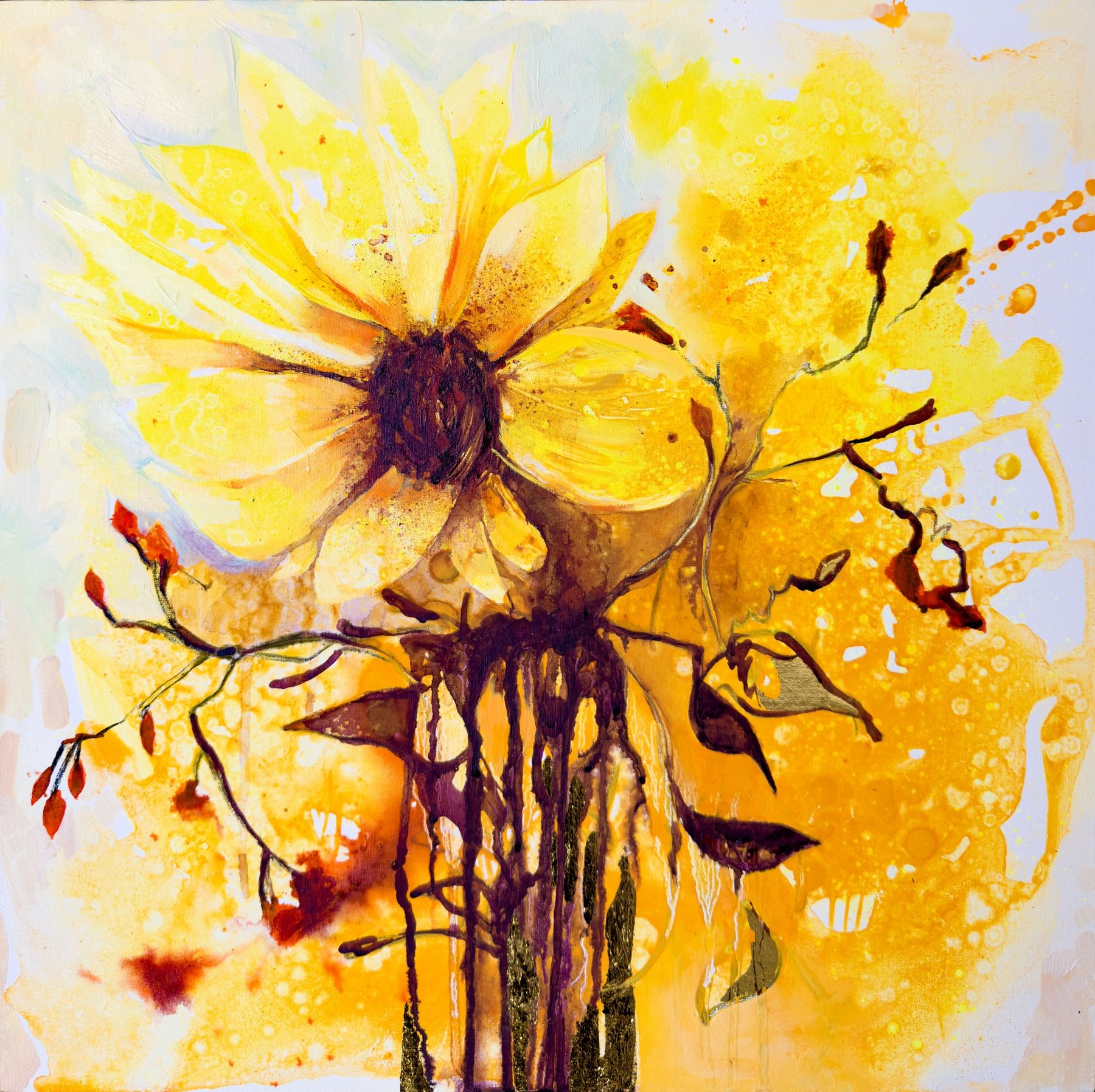 Sun Spill — Смесена техника върху платно — мастило, масло и варак, 50×50 см